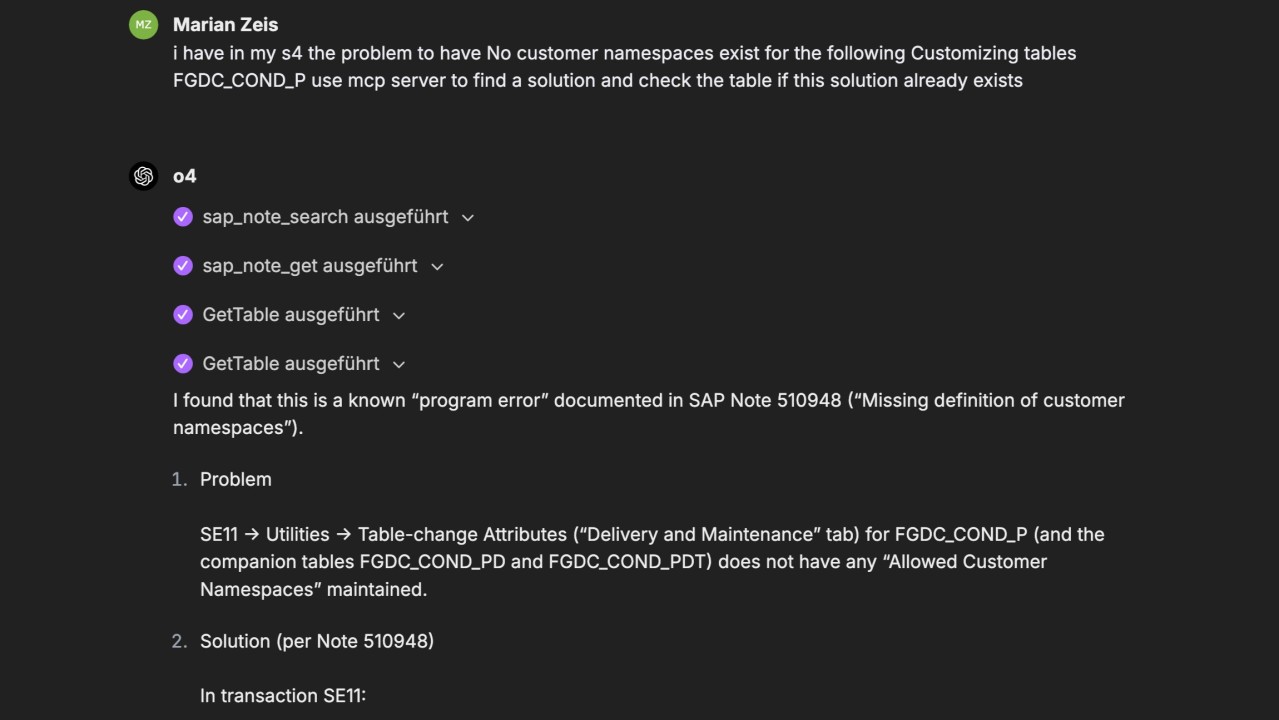 LibreChat screenshot showing an MCP-assisted SAP Notes lookup workflow.