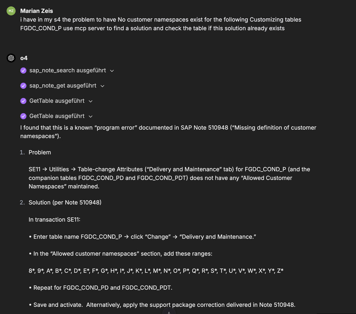 LibreChat example flow: SAP Notes lookup plus ABAP table verification via ADT MCP tools