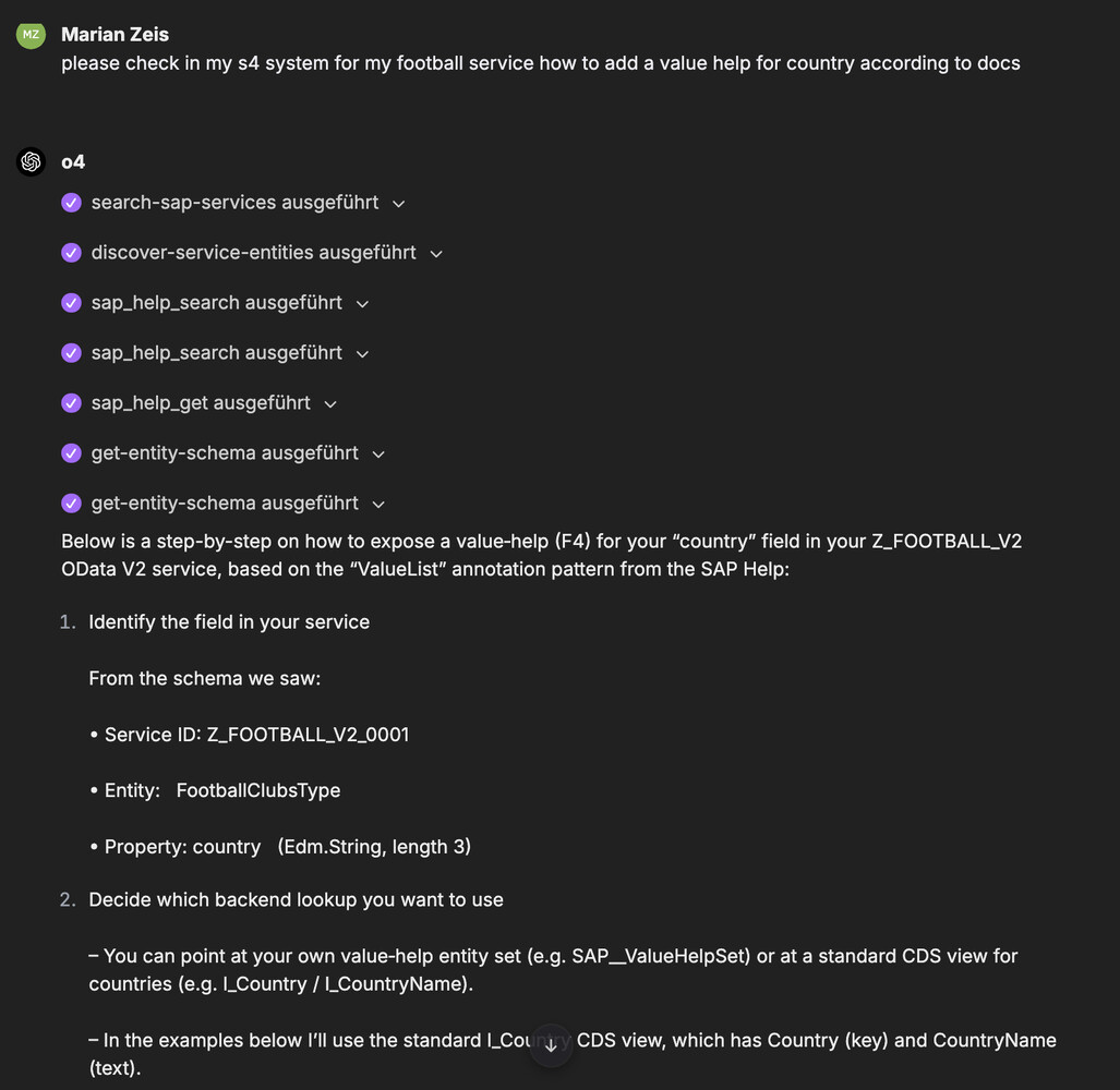 LibreChat example flow: S/4 service metadata plus ValueList guidance via SAP Docs MCP
