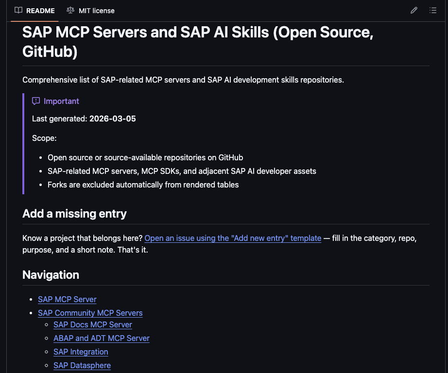 Screenshot of the sap-ai-mcp-servers README showing the overview tables and categories.
