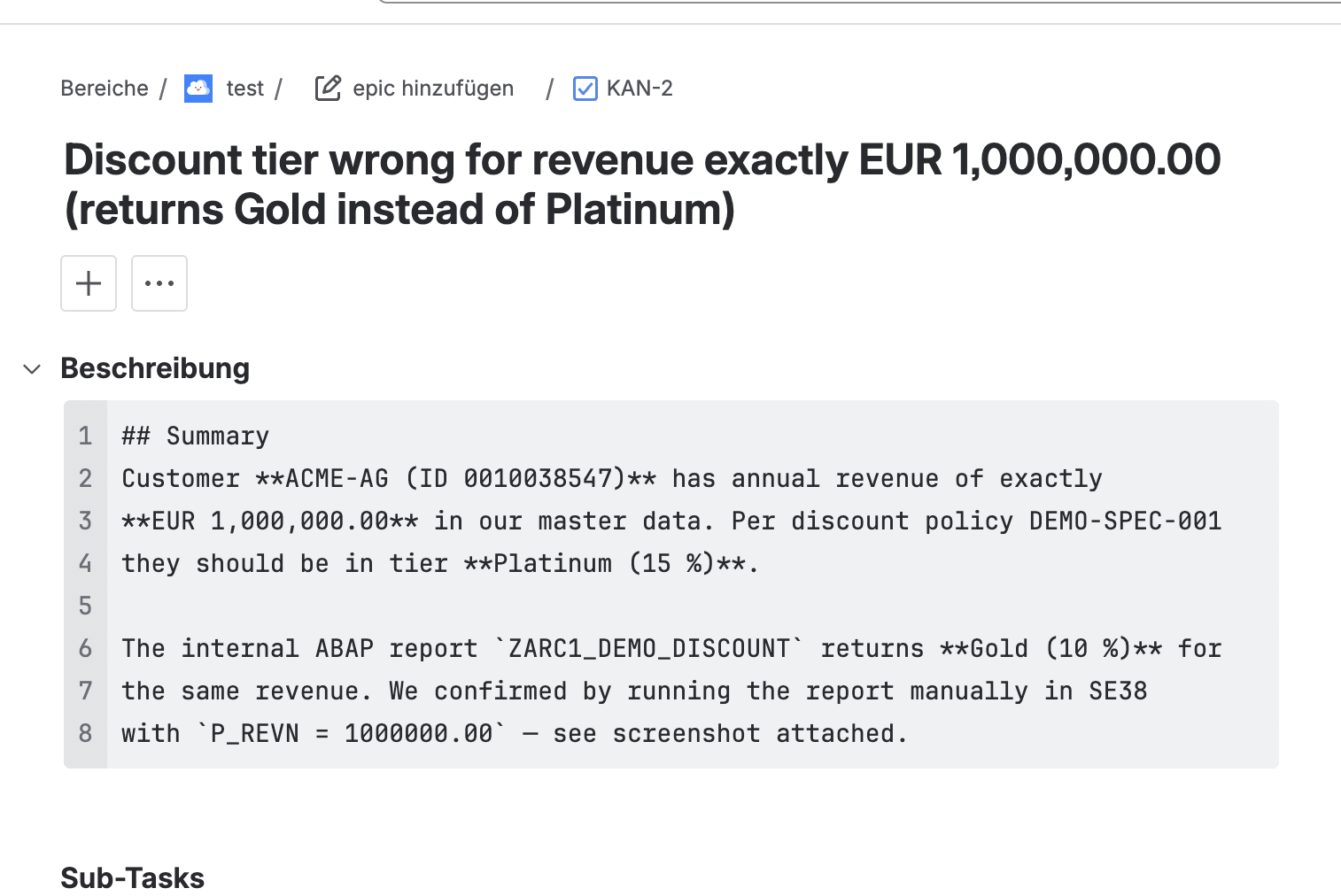 Jira ticket KAN-2 describing the wrong discount tier for exactly EUR 1,000,000.00 revenue.
