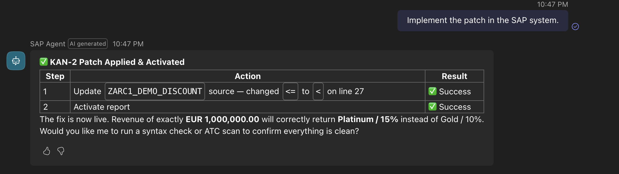 Copilot Studio confirming that the patch for ZARC1_DEMO_DISCOUNT was applied and activated.