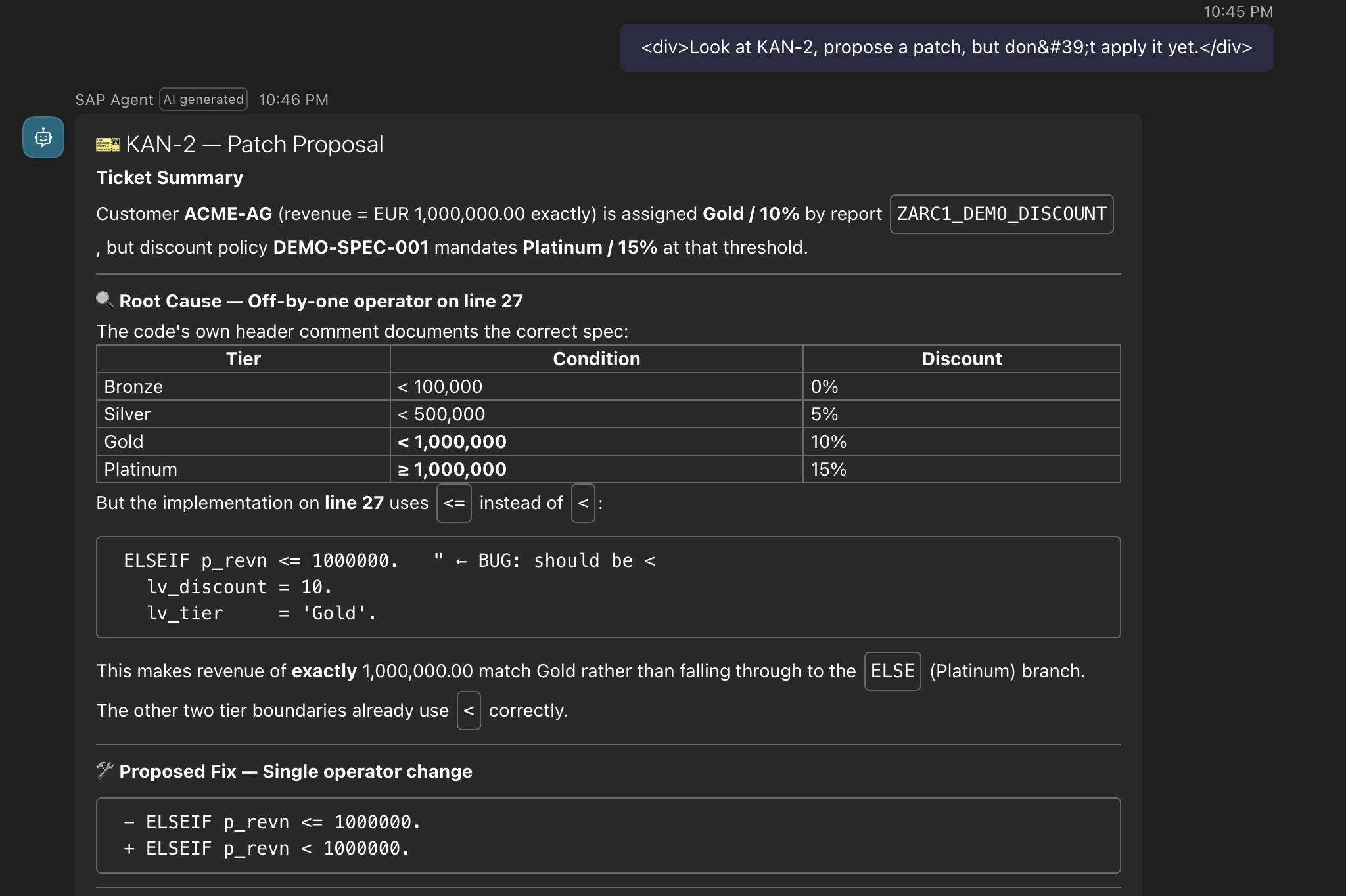 Copilot Studio proposing a patch for Jira ticket KAN-2 after reading the ABAP report ZARC1_DEMO_DISCOUNT.