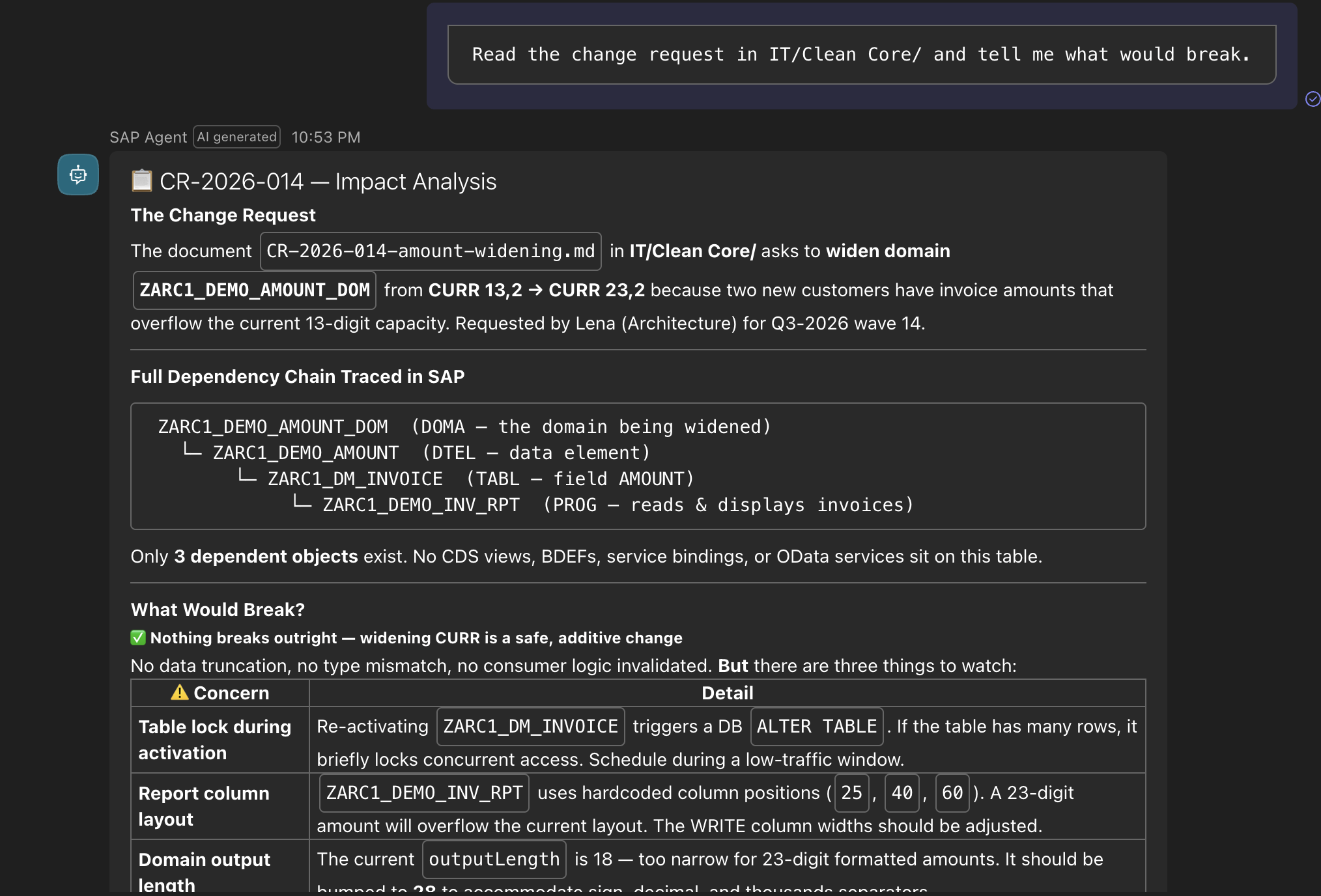 Copilot Studio showing an impact analysis for a SharePoint change request to widen an ABAP amount domain.