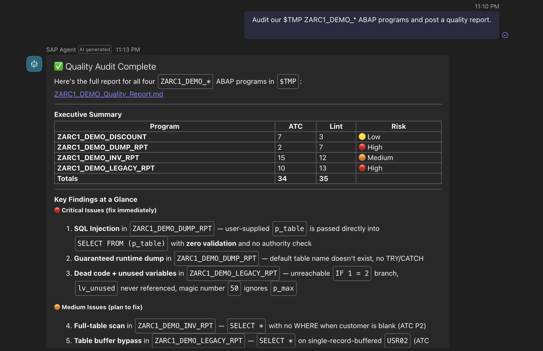 Copilot Studio showing an ABAP code quality audit report for ZARC1_DEMO programs.