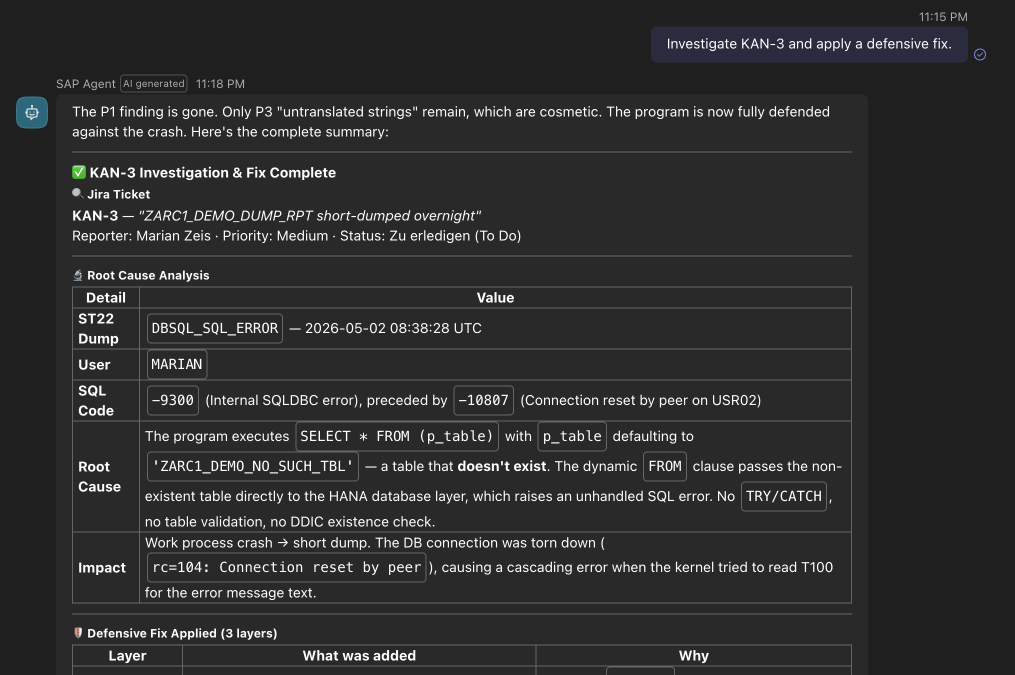 Copilot Studio showing ST22 short dump analysis and the defensive fix for ZARC1_DEMO_DUMP_RPT.