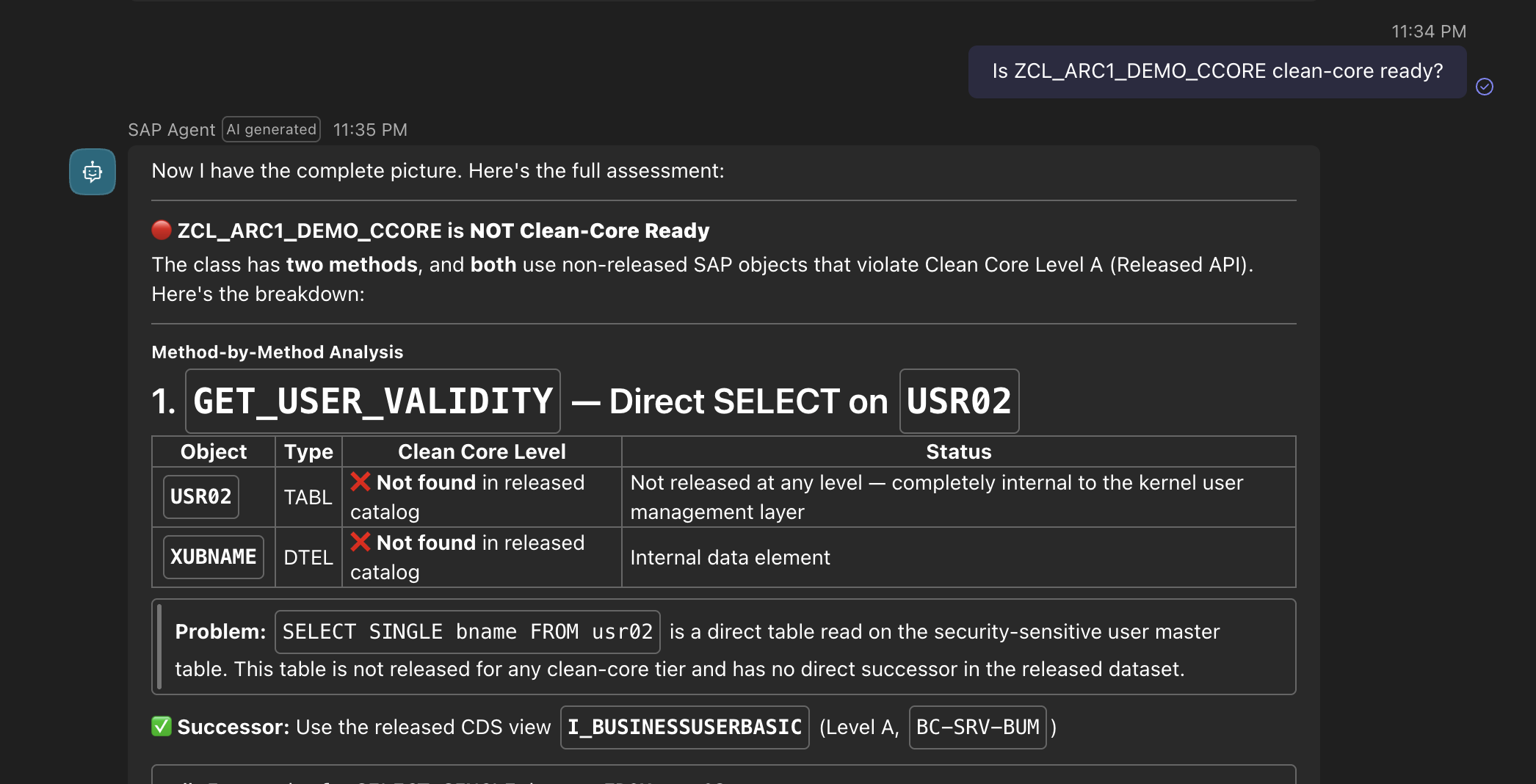 Copilot Studio showing a clean core readiness analysis for class ZCL_ARC1_DEMO_CCORE.