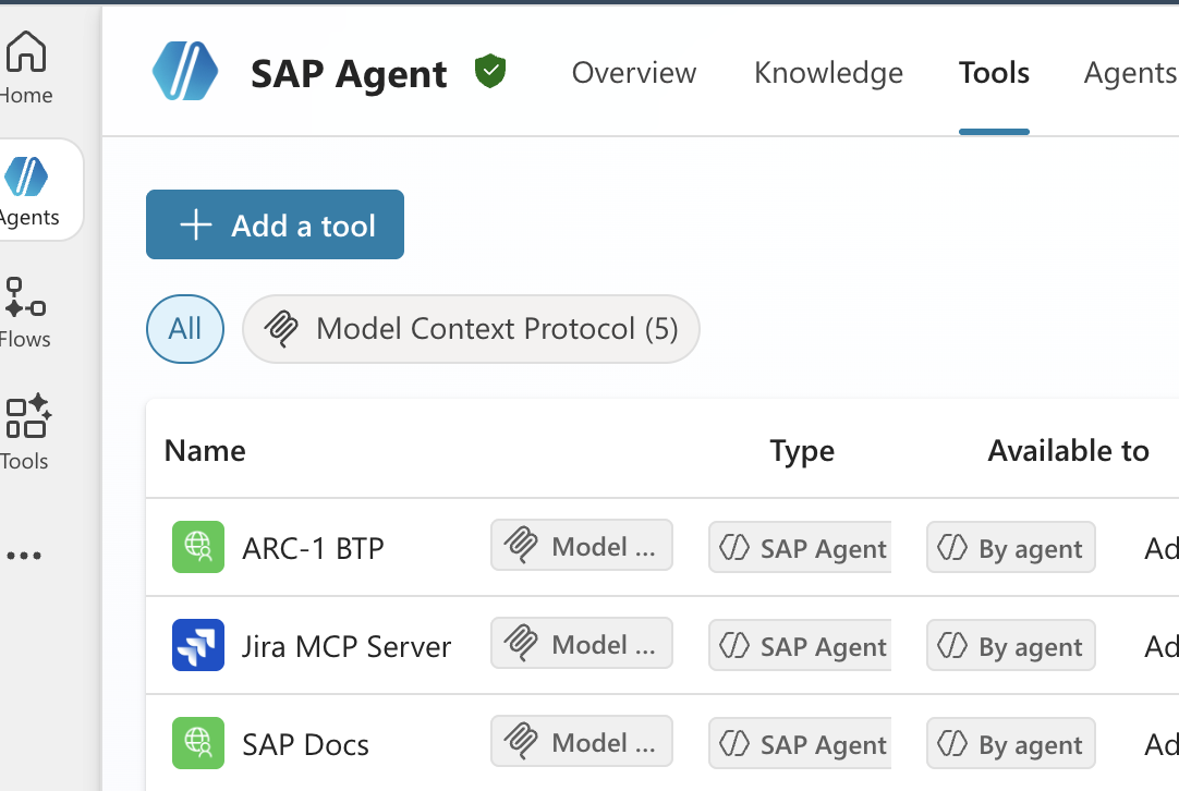 Copilot Studio SAP Agent tools screen showing ARC-1 BTP, Jira MCP Server, and SAP Docs as MCP tools.