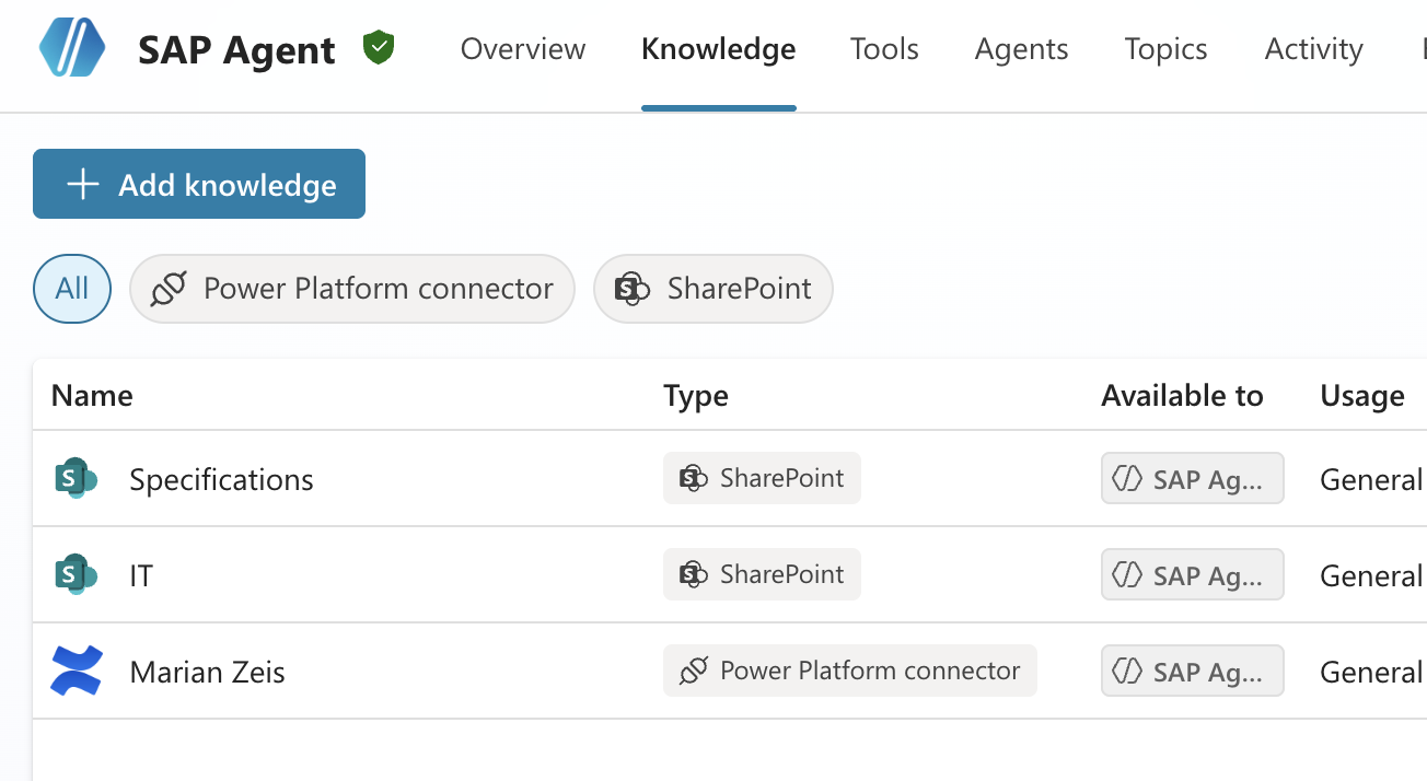 Copilot Studio SAP Agent knowledge screen showing SharePoint knowledge sources and a Jira connector.