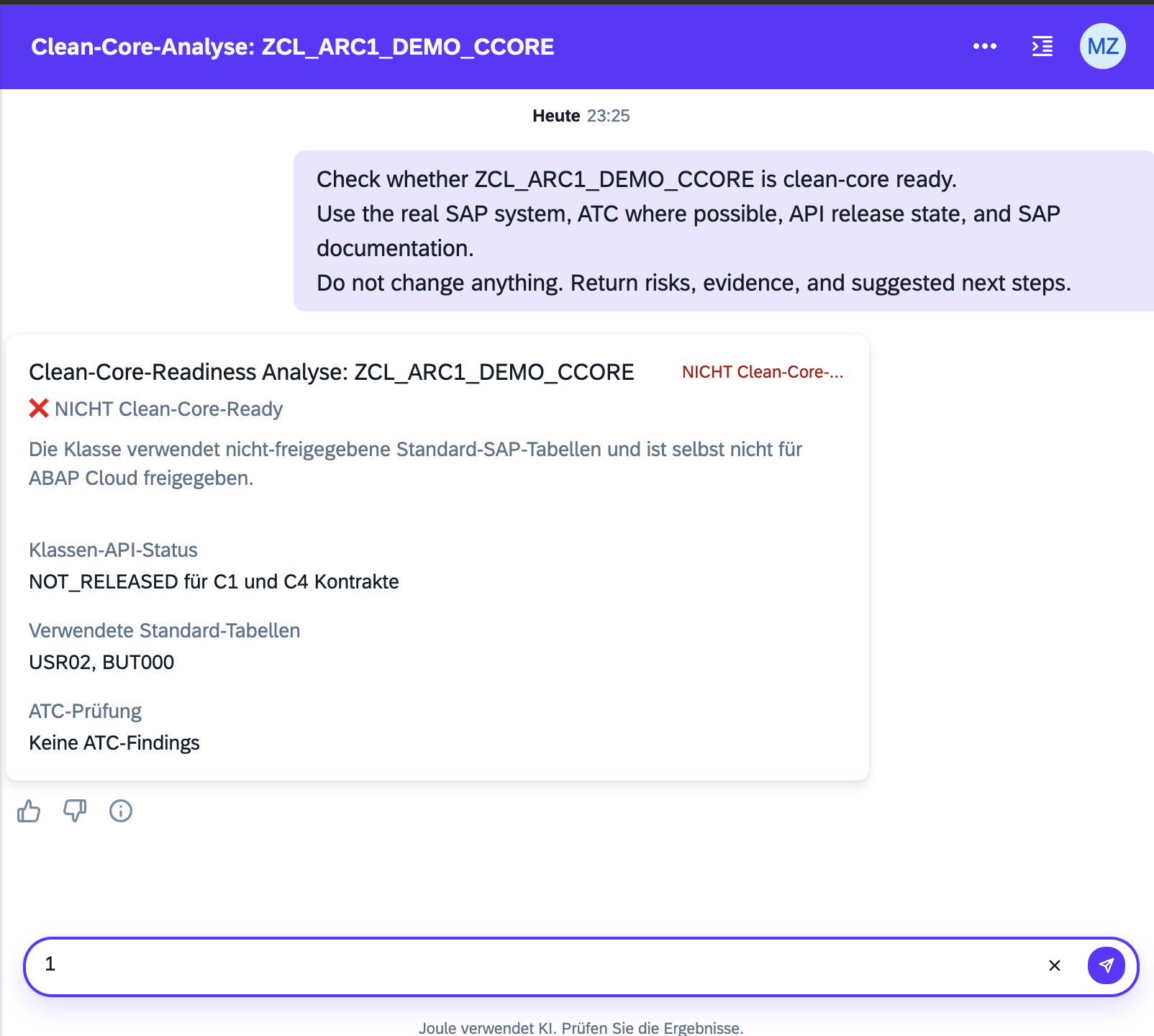 Joule showing a Clean Core readiness analysis for ZCL_ARC1_DEMO_CCORE with API release state, used SAP tables, and ATC result.