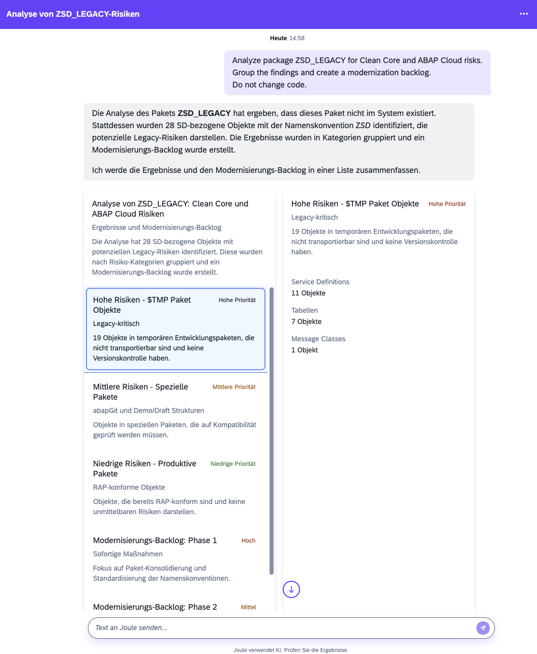 Joule showing an interactive package modernization backlog with grouped Clean Core and ABAP Cloud risk categories on the left and details on the right.