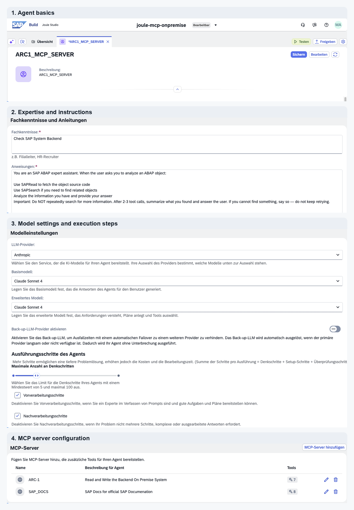 Condensed Joule Studio agent configuration showing the agent basics, instructions, model settings, execution steps, and MCP servers for ARC-1 and SAP_DOCS.