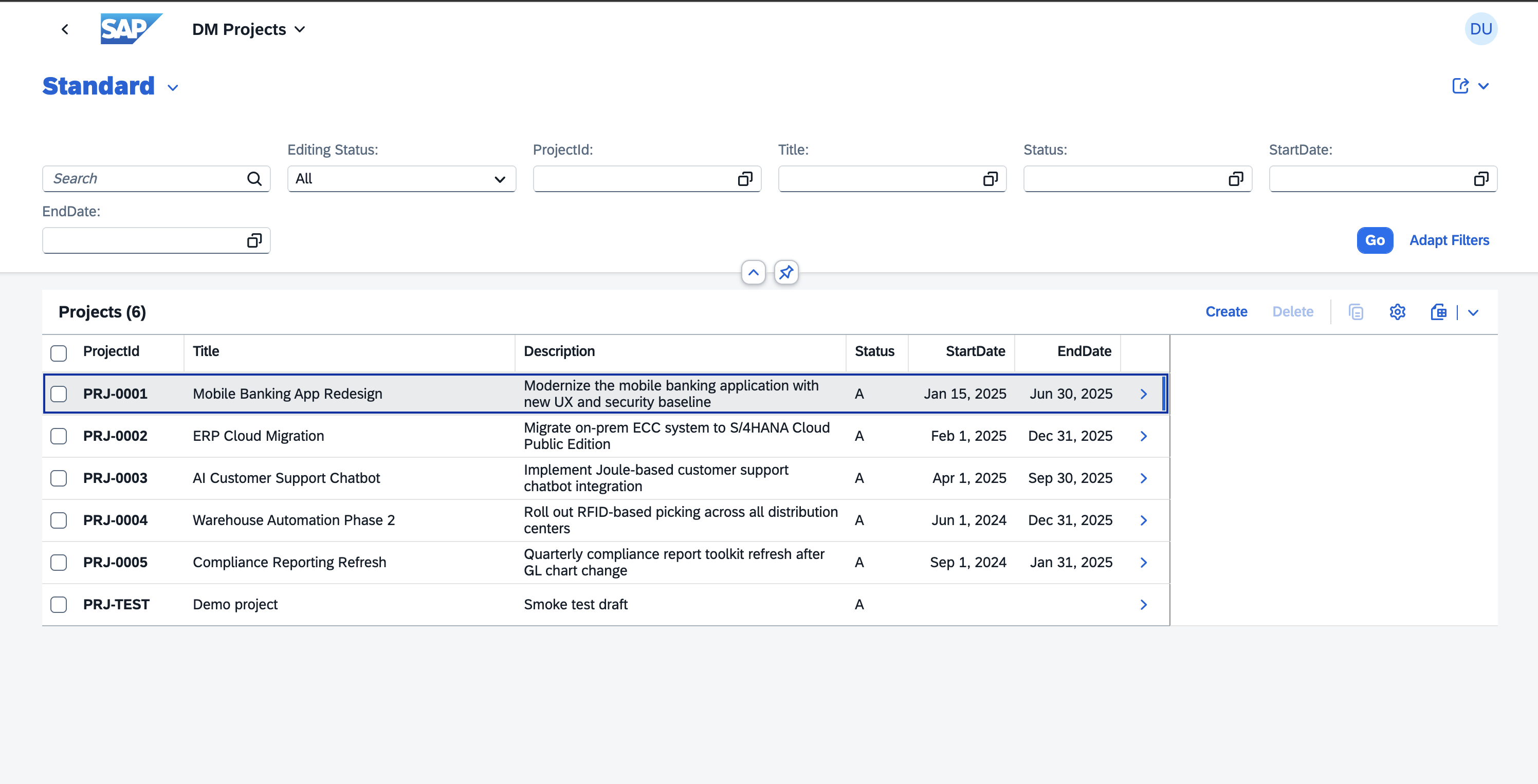 Fiori elements list report generated from the RAP OData V4 service.