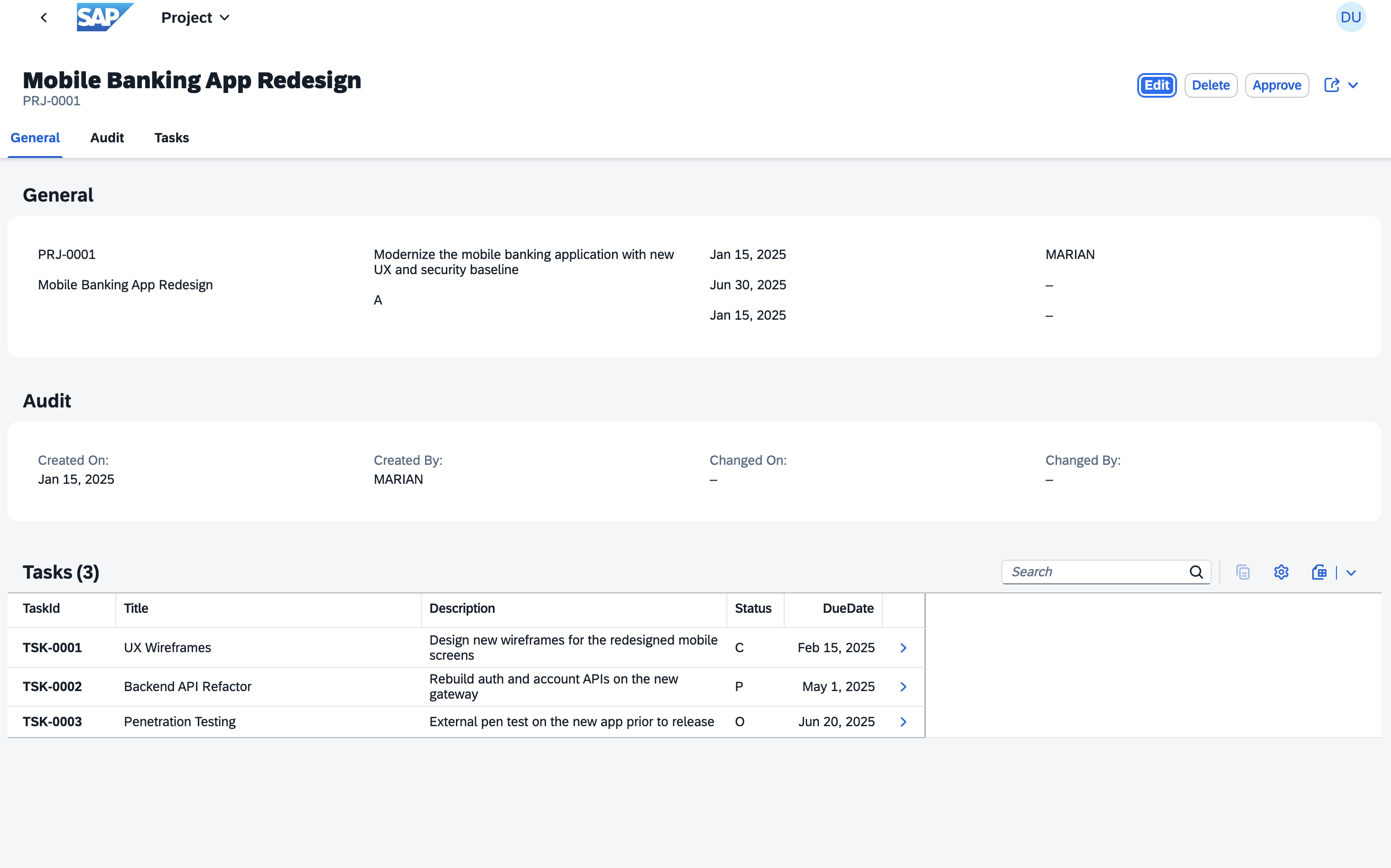 Fiori elements object page generated from the RAP OData V4 service.