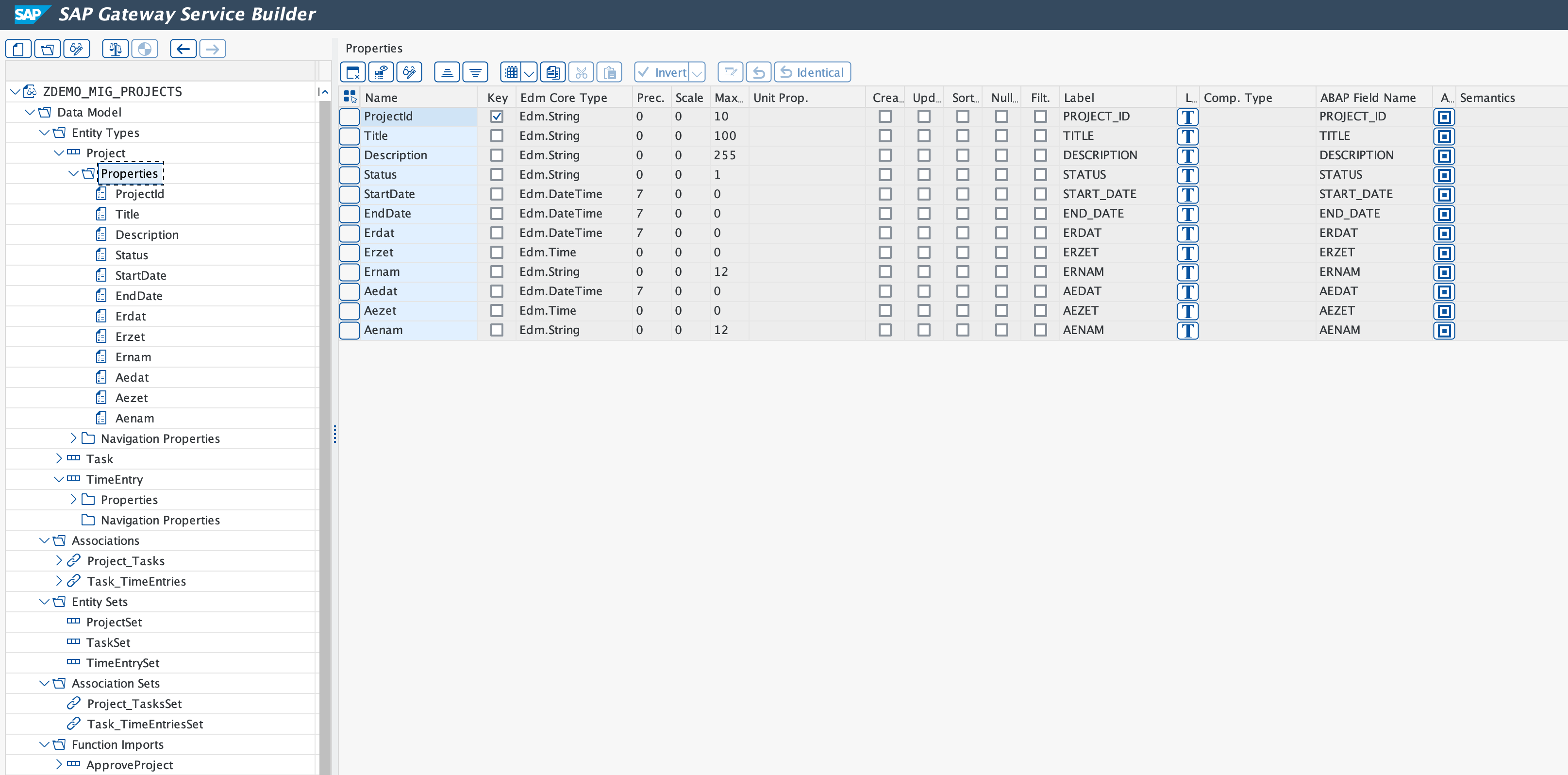SAP Gateway Service Builder showing the legacy SEGW project service with Project properties, entity sets, associations, and the ApproveProject function import.