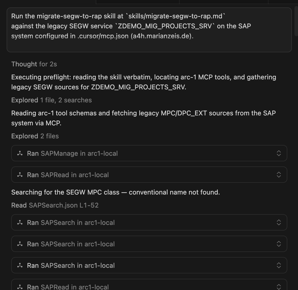 Cursor prompt for the SEGW to RAP run showing ARC-1 reading the legacy service.