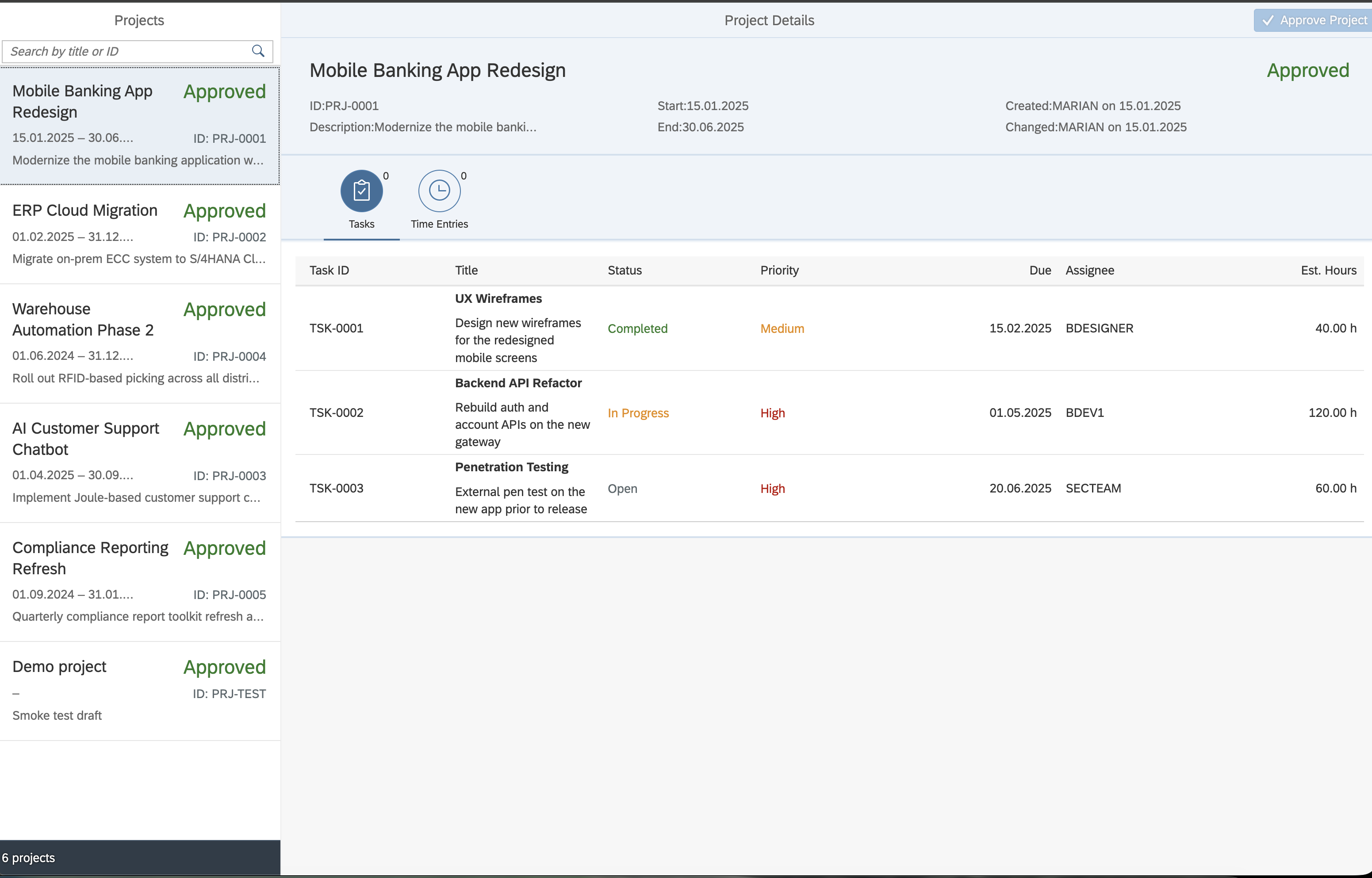 Legacy UI5 freestyle app showing the old project master/detail application.