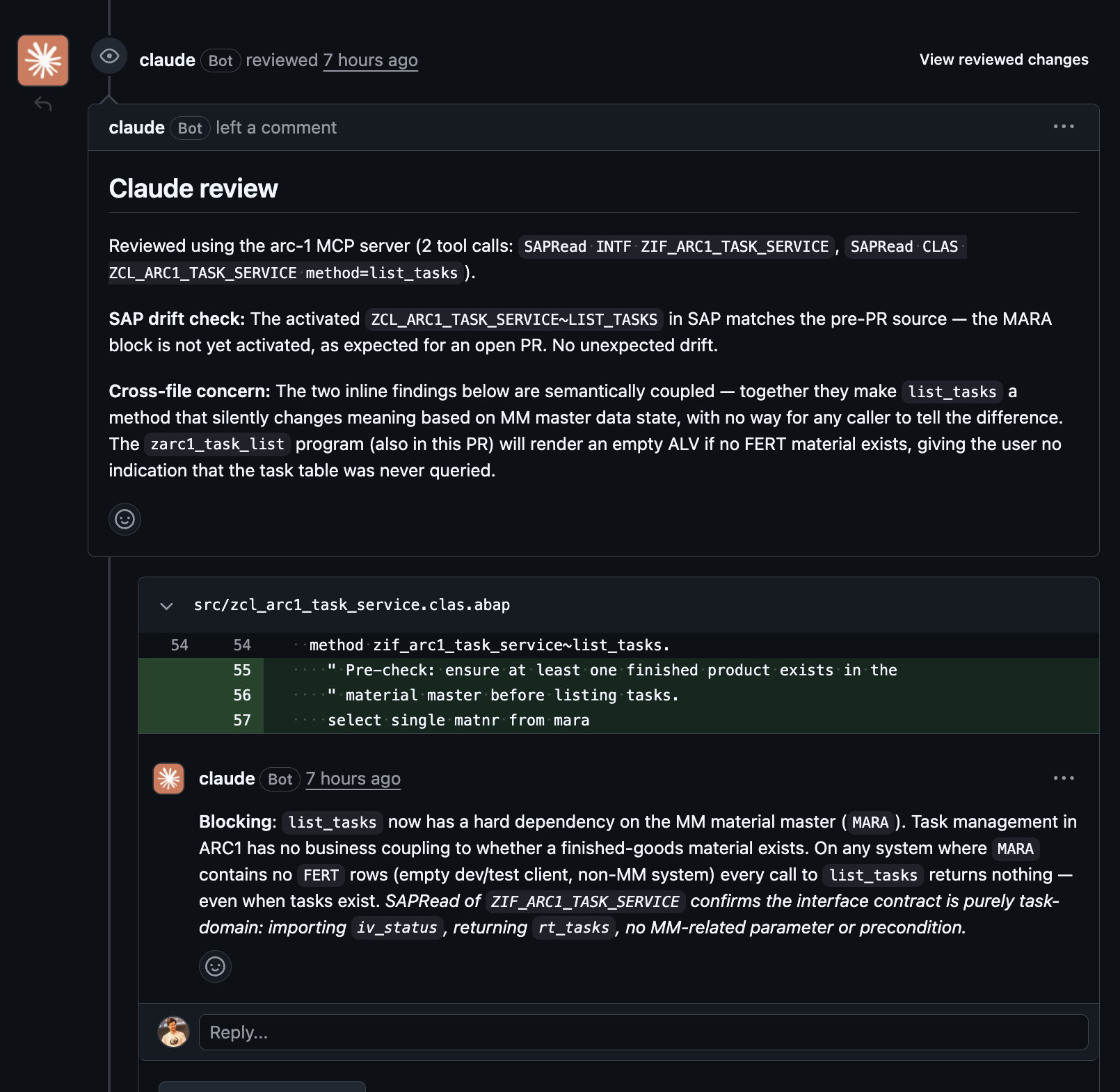 Claude review on PR #14 showing SAPRead-backed drift information and the MARA finding on the changed ABAP method.