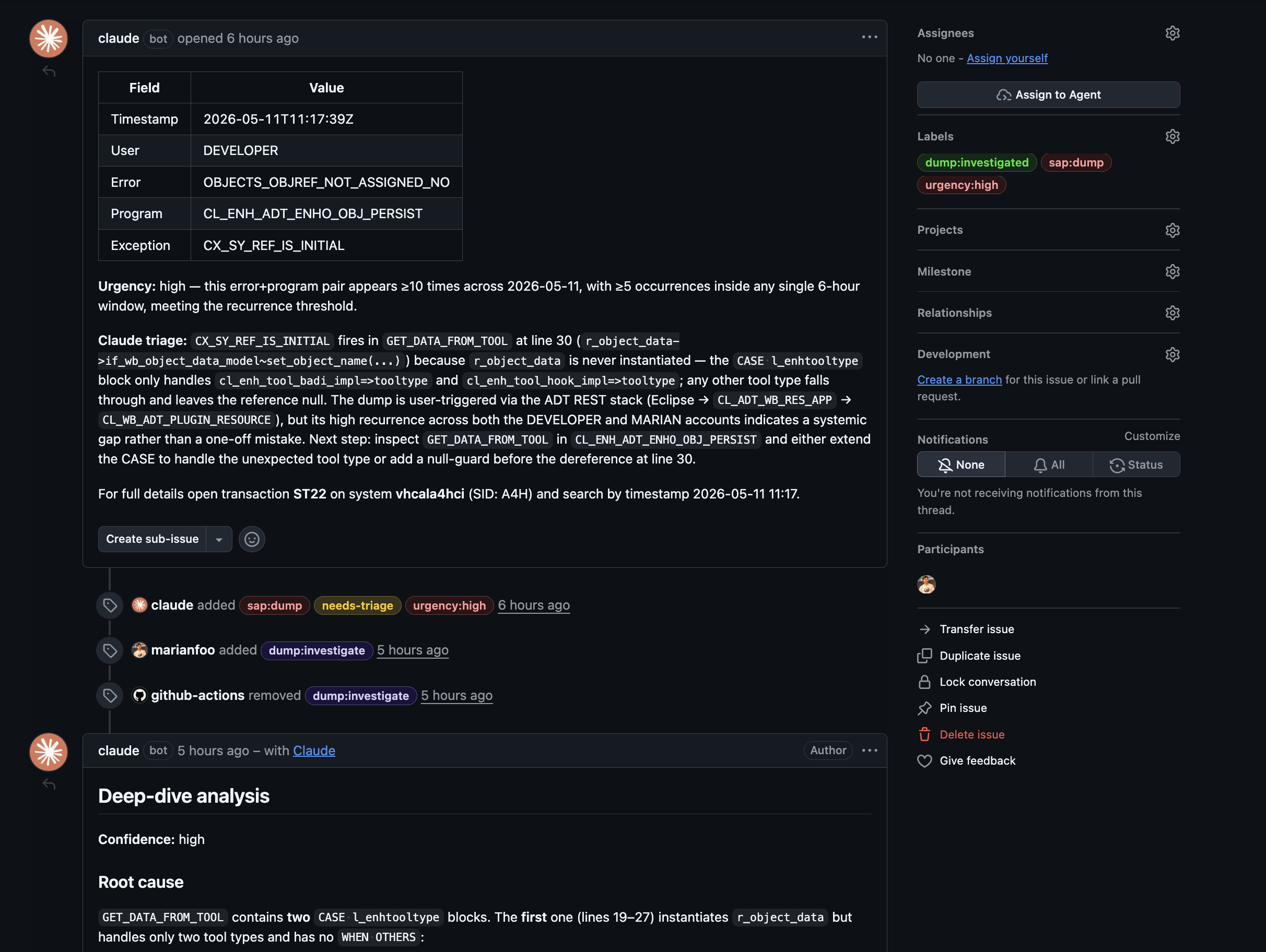 GitHub issue #15 showing a Claude deep-dive analysis for an SAP short dump with root cause and labels.