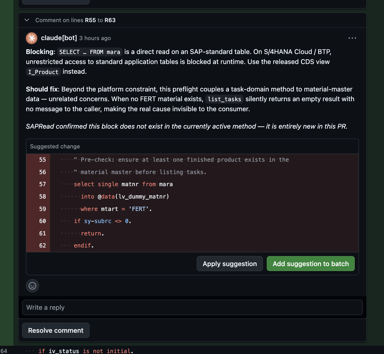 Claude review comment on PR #14 showing the MARA preflight deletion suggestion with SAPRead drift evidence and an Apply suggestion button.