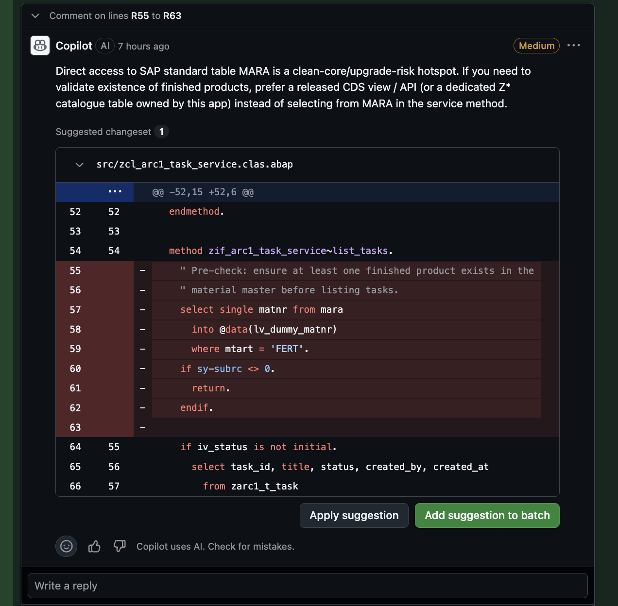 Copilot Code Review comment on PR #14 showing the MARA preflight deletion suggestion with an Apply suggestion button.