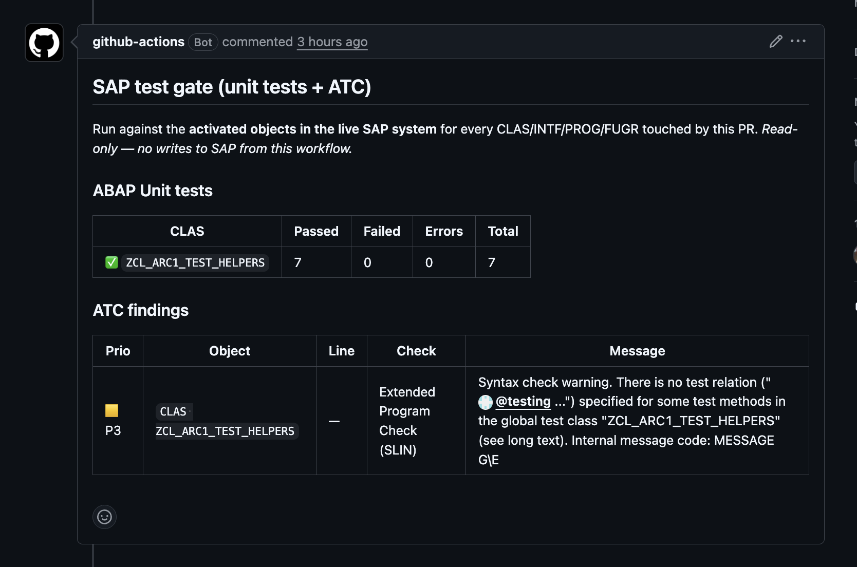 GitHub PR comment showing the SAP test gate with 7 of 7 ABAP Unit tests passing and one non-blocking ATC P3 finding.