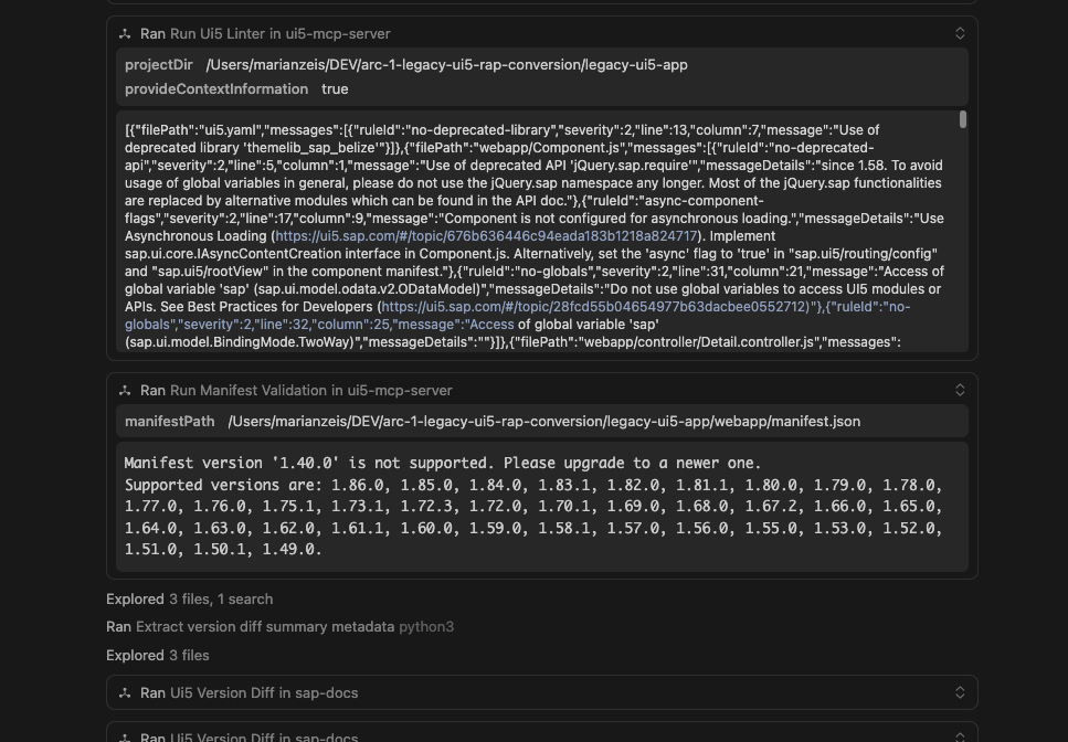 UI5 linter and manifest validation results from the upgrade run.