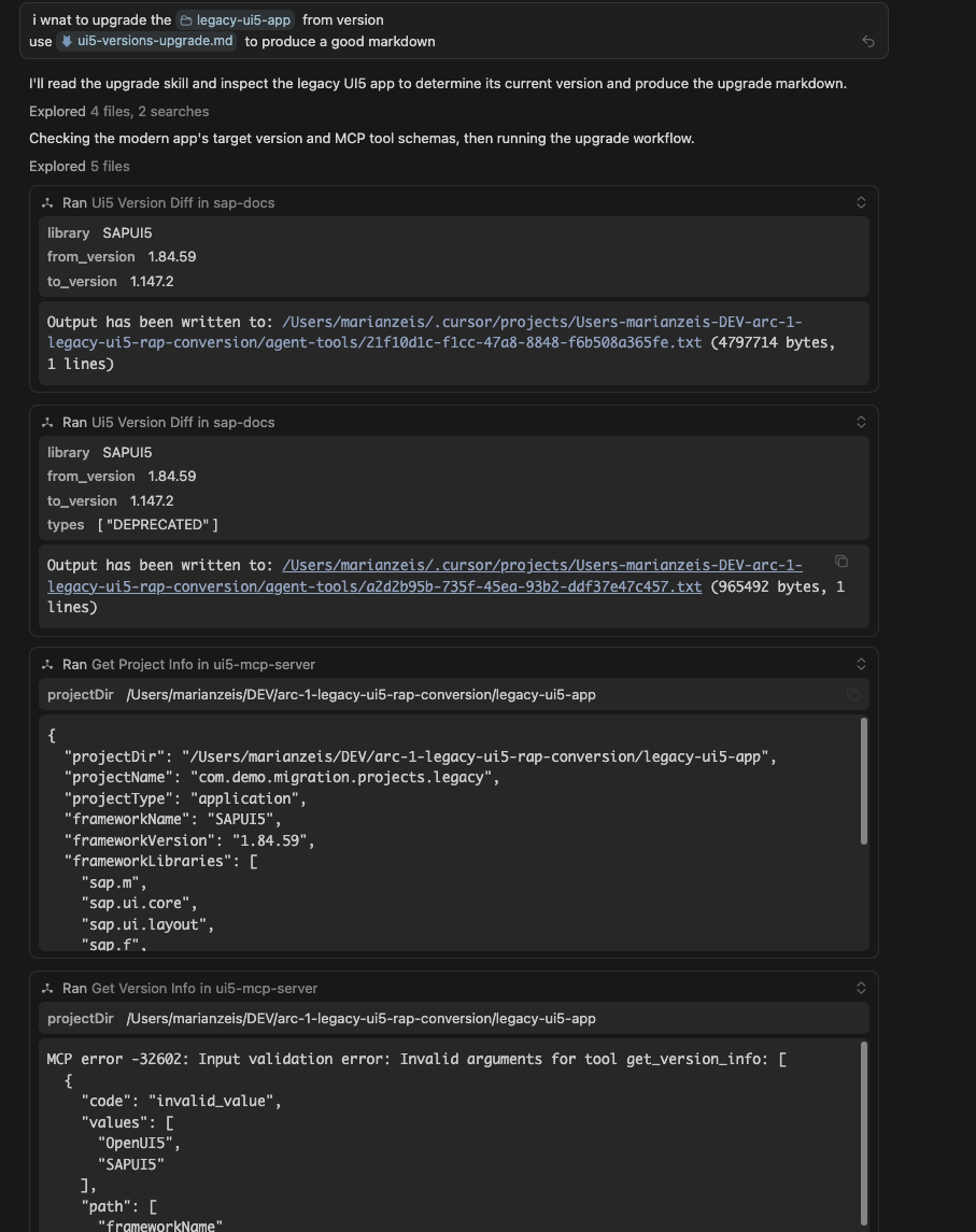 UI5 version diff, project info, and version info tool calls in the upgrade run.