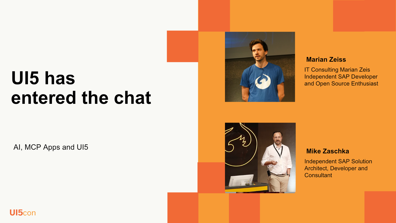 UI5 has entered the chat presentation title slide with Marian Zeis and Mike Zaschka.