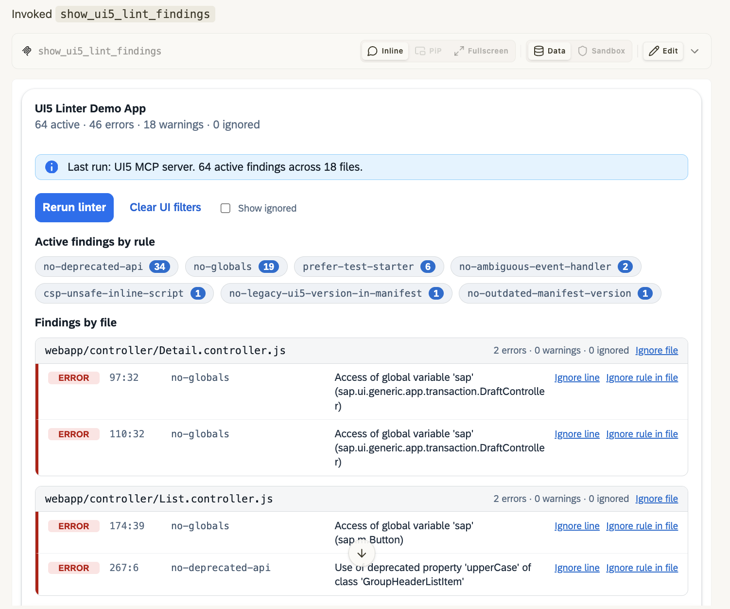 MCP Apps host rendering the UI5 linter demo with active findings grouped by rule and file, plus rerun and ignore actions.