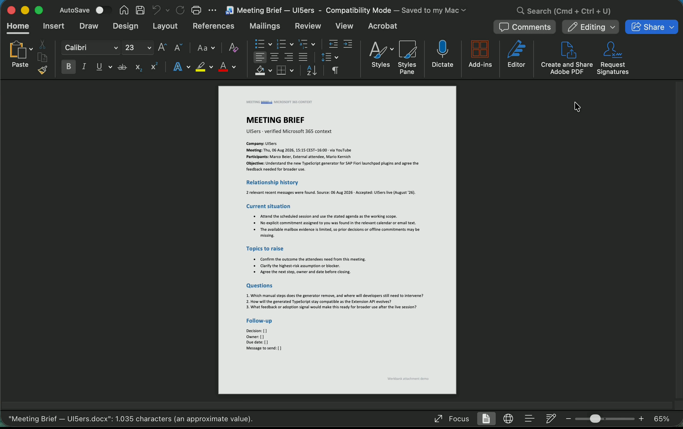 The generated meeting brief opened as a normal Microsoft Word document.
