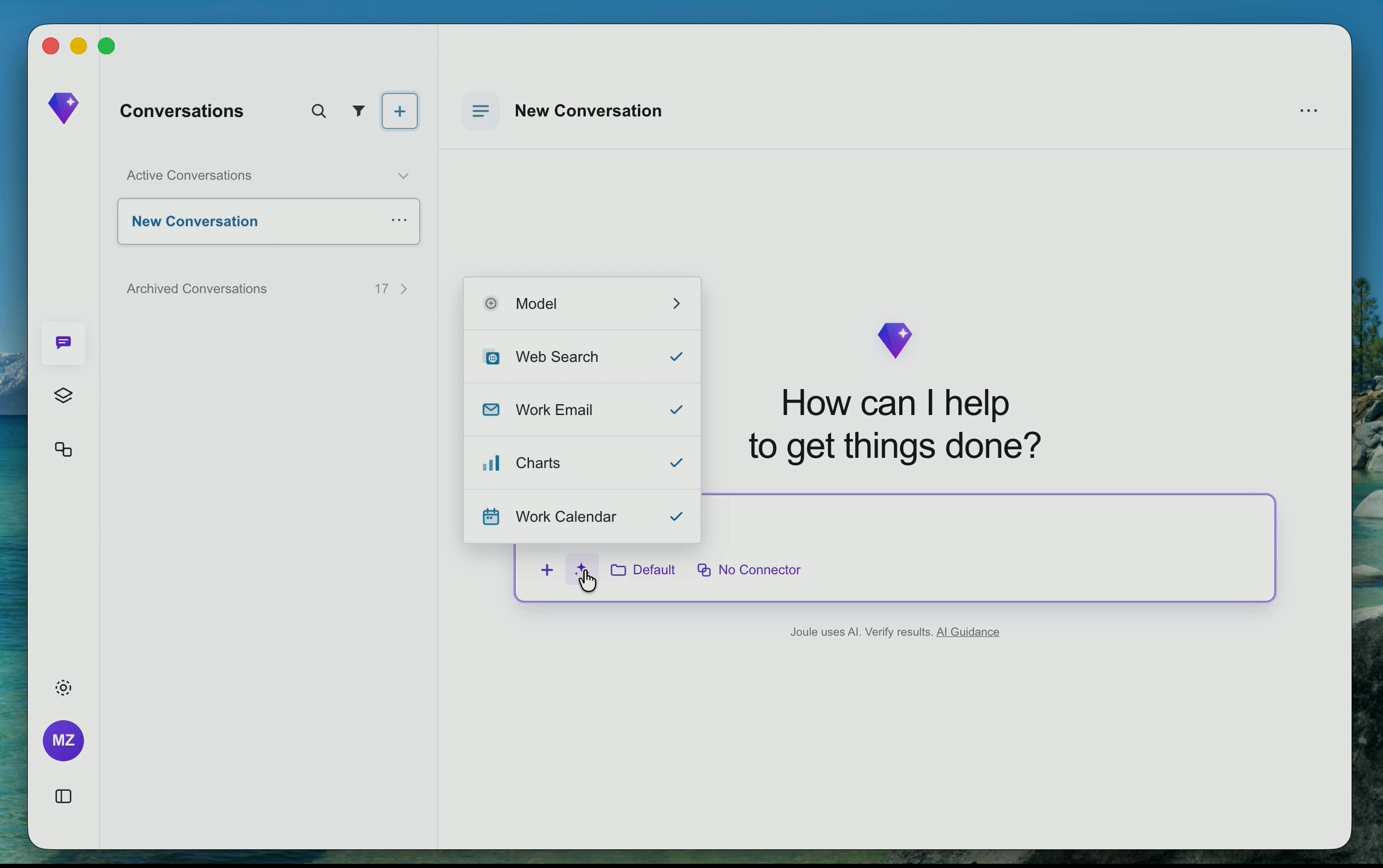 Joule Work Desktop with Conversations, the composer, and the available work sources.