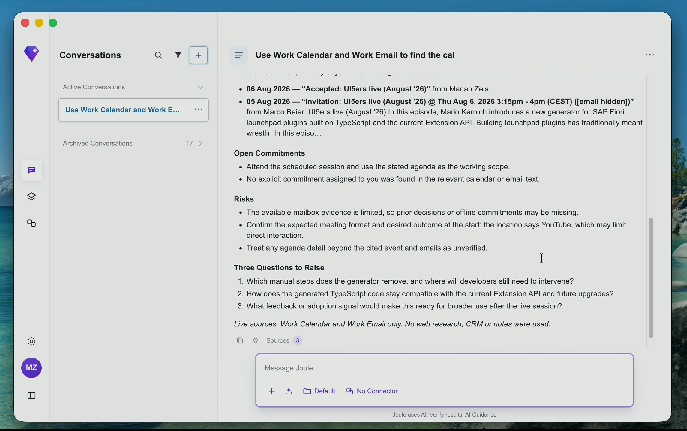 Meeting brief created from Work Calendar and Work Email, including open commitments, risks, questions, and source references.