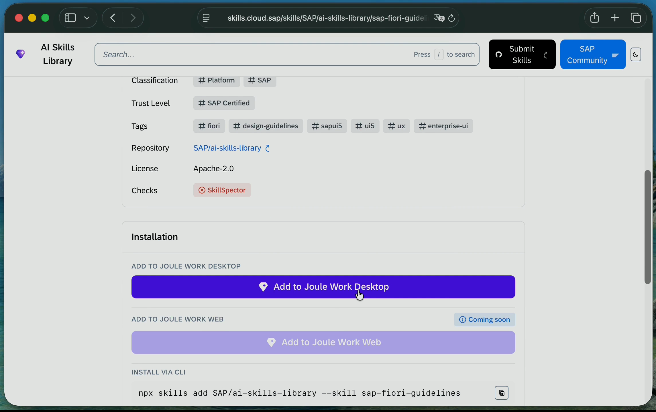 SAP Fiori Guidelines in the SAP AI Skills Library with the Add to Joule Work Desktop button.