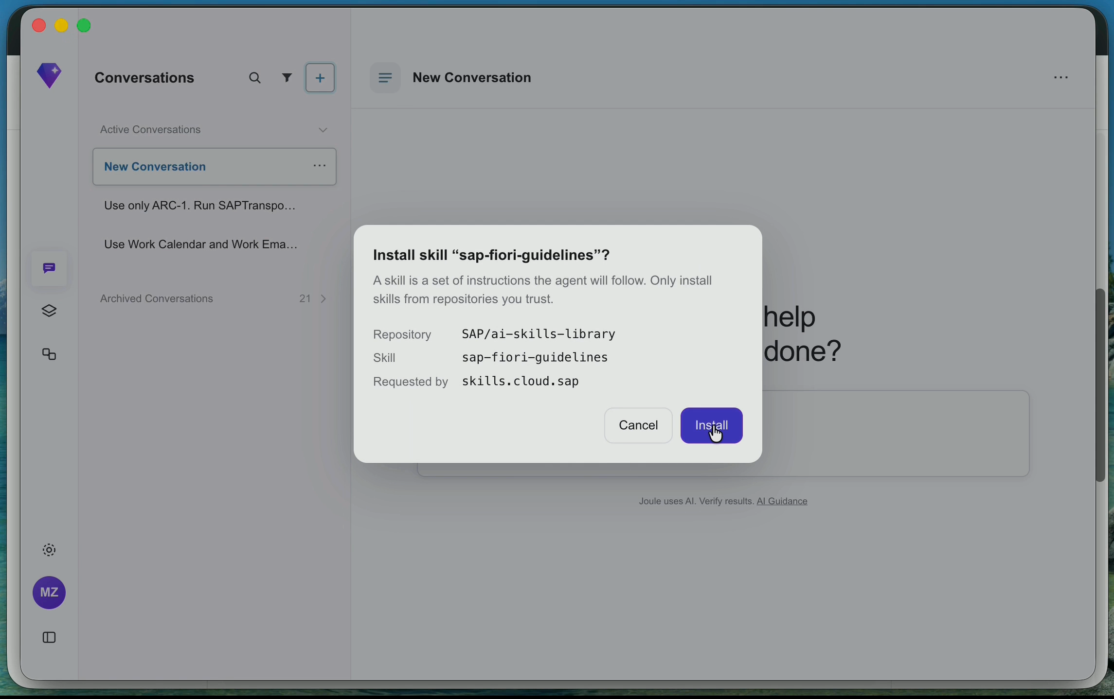 Werkbank showing the repository, skill name, and source before confirming installation of the SAP Fiori Guidelines skill.