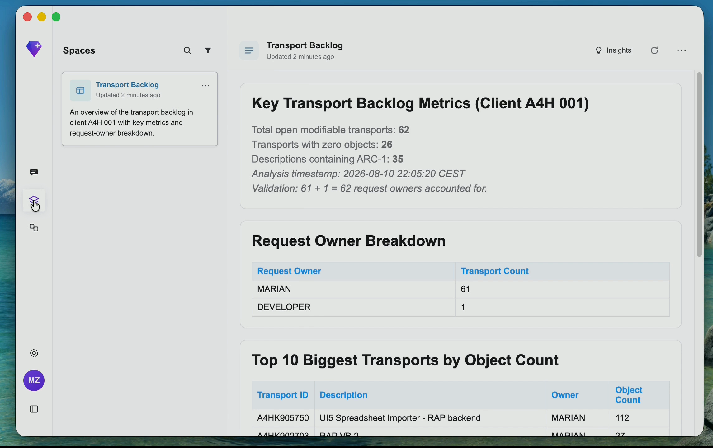 Transport backlog Space with live metrics from A4H client 001, an owner breakdown, and the biggest transports by object count.