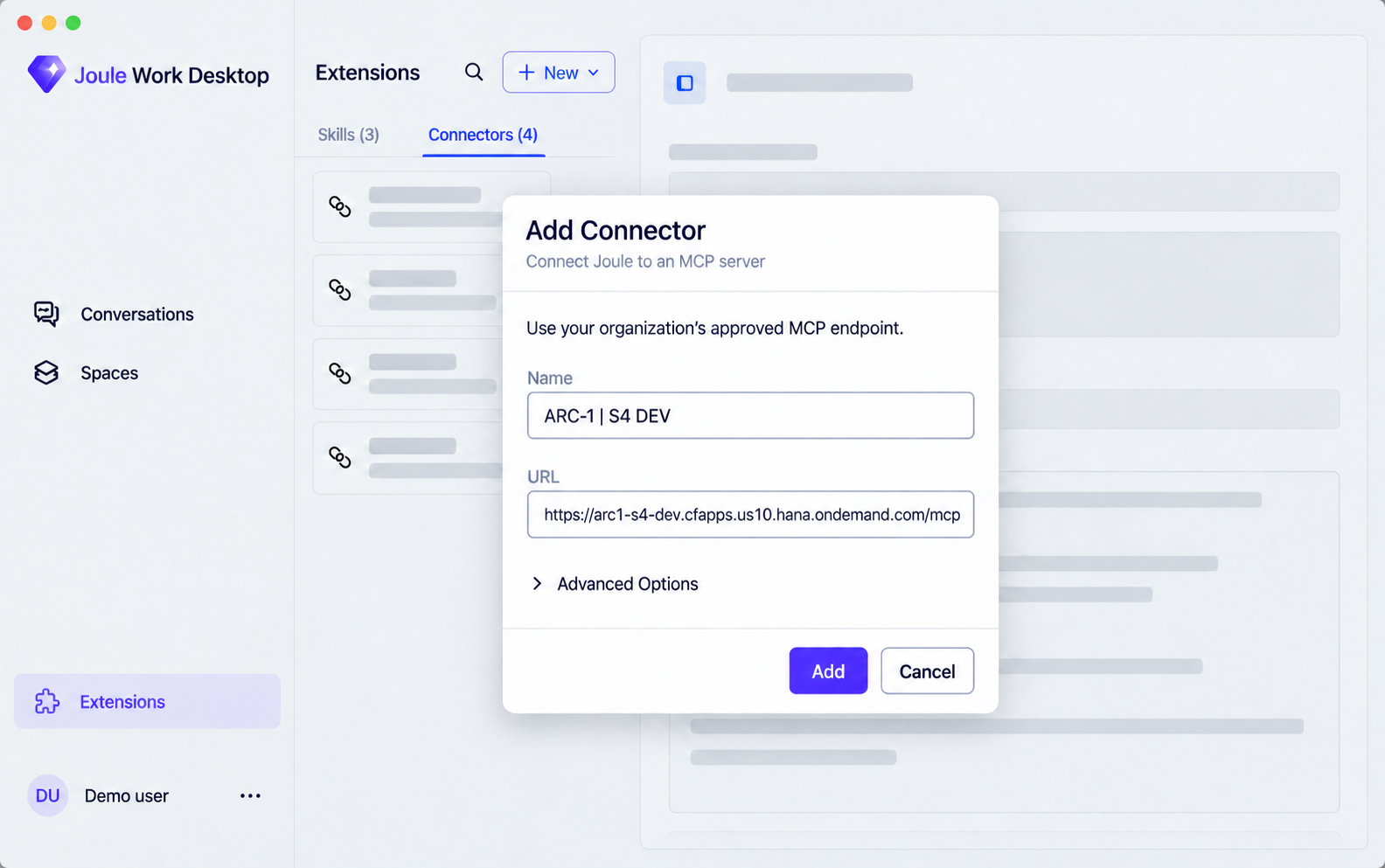 Illustrated Joule Work Desktop Add Connector dialog with the name ARC-1 S4 DEV and an example SAP BTP Cloud Foundry URL.
