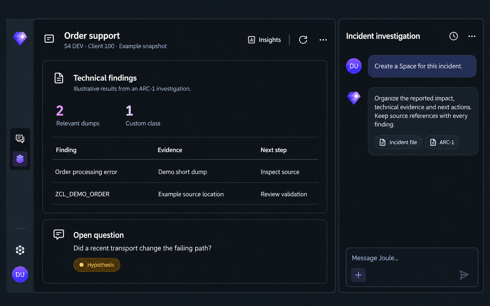 Illustrated Joule Work Desktop Space with example short-dump findings and an incident conversation.